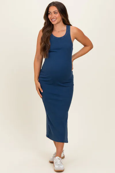 PinkBlush Navy Acid Washed Ribbed Maternity Midi Tank Dress