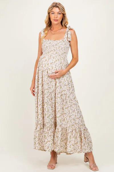 PinkBlush Cream Floral Shoulder Tie Maternity Maxi Dress