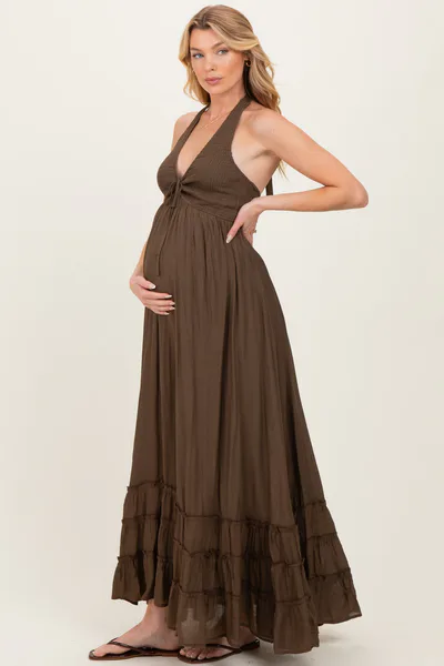 PinkBlush Brown Halter Neck Smocked Maternity Maxi Dress