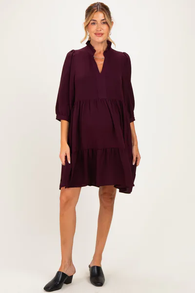 PinkBlush Eggplant Ruffle Split Neck Tiered Maternity Dress