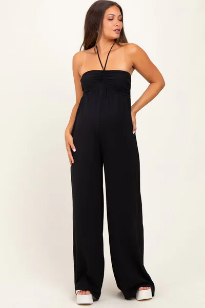 PinkBlush Black Halter Neck Wide Leg Maternity Jumpsuit