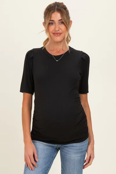 PinkBlush Black Ribbed Ruched Fitted Maternity Top