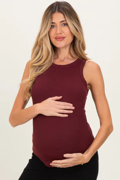 PinkBlush Burgundy Ribbed Basic Crew Neck Maternity Tank