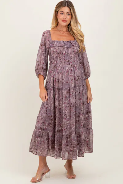PinkBlush Lavender Floral Square Neck Ruffle Maternity Midi Dress