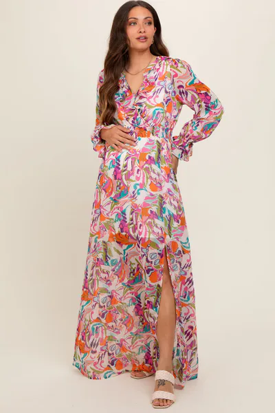 PinkBlush Pink Print Ruffle Long Sleeve Maternity Maxi Dress