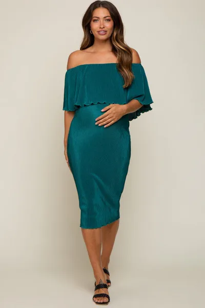 PinkBlush Forest Green Pleated Rib Off Shoulder Maternity Dress