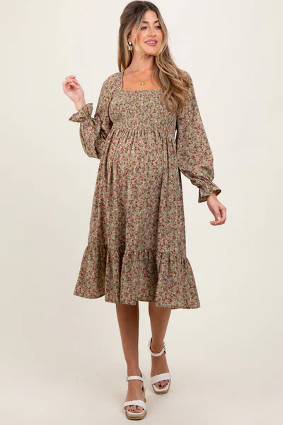 PinkBlush Olive Floral Smocked Velvet Back Tie Maternity Midi Dress