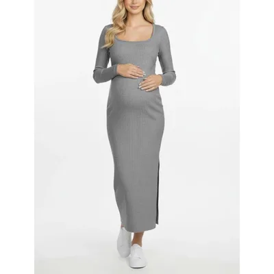 Target Women's Square Neck Rib Knit Long Sleeve Bodycon Maxi Dress - Heather Grey - Size: Medium - Motherhood Maternity