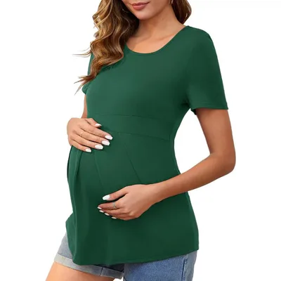 Target INSPIRE CHIC Women's Maternity Top Short Sleeve Crewneck Wrinkle Design Blouse Waist Tiered Pregnancy T-Shirt Medium Green