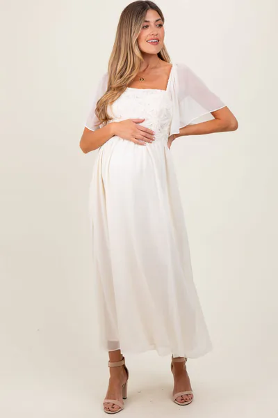 PinkBlush Cream Floral Applique Flutter Sleeved Maternity Midi Dress