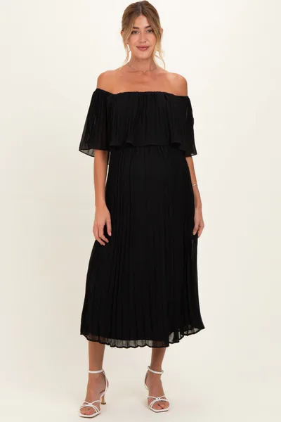 PinkBlush Black Pleated Off Shoulder Flounce Maternity Midi Dress