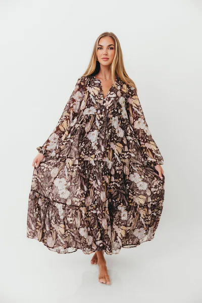 Worth Collective Eve Floral Print Button Front Duster Maxi With Detachable Slip in Brown Multi - Bump Friendly