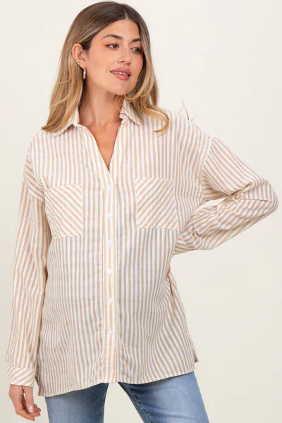 PinkBlush Dark Yellow Striped Double Pocket Maternity Button Down Top