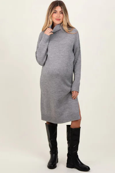 PinkBlush Heather Grey Turtleneck Side Slit Maternity Midi Sweater Dress