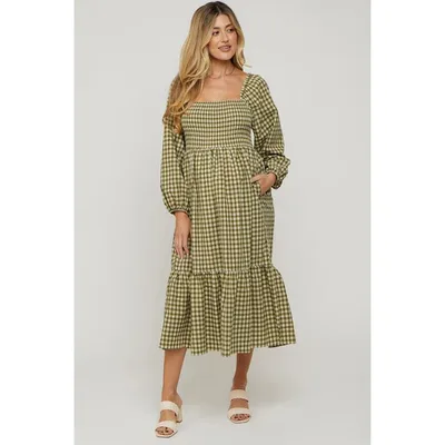 Target Pinkblush Olive Gingham Long Sleeve Maternity Midi Dress Small