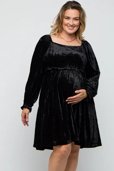 PinkBlush Black Velour Square Neck Maternity Plus Dress