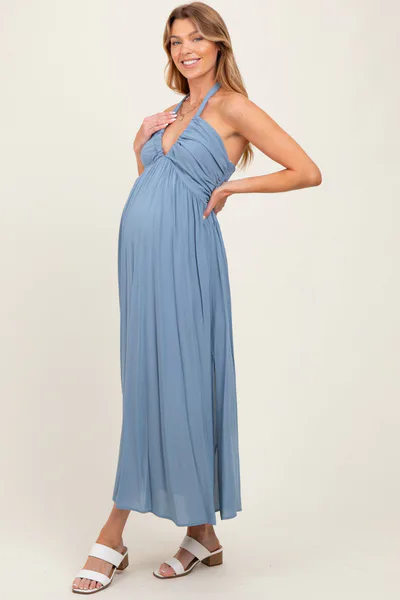 PinkBlush Blue Halter Neck Side Slit Maternity Midi Dress