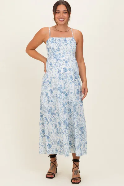 PinkBlush Light Blue Floral Sleeveless Maternity Midi Dress