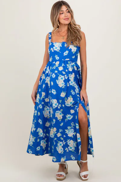 PinkBlush Royal Blue Floral Bold Print Cotton Maternity Maxi Dress