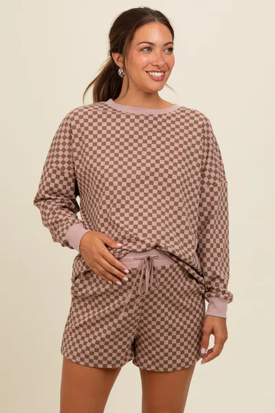 PinkBlush Mocha Checkered Plaid Pullover Shorts Maternity Set