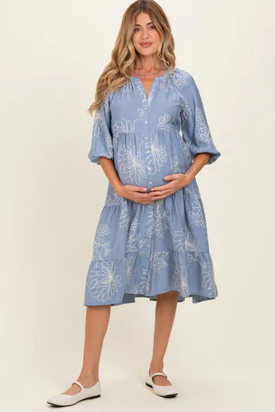 PinkBlush Blue Embroidered Tiered Maternity Midi Shirt Dress