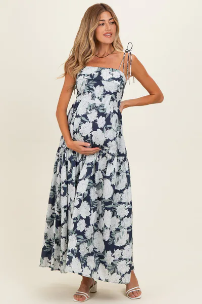 PinkBlush Navy Floral Shoulder Tie Tiered Maternity Maxi Dress