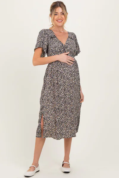 PinkBlush Black Floral Twist Front Cut Out Maternity Midi Dress
