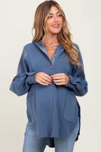 PinkBlush Blue Corduroy Contrast Oversized Maternity Hoodie