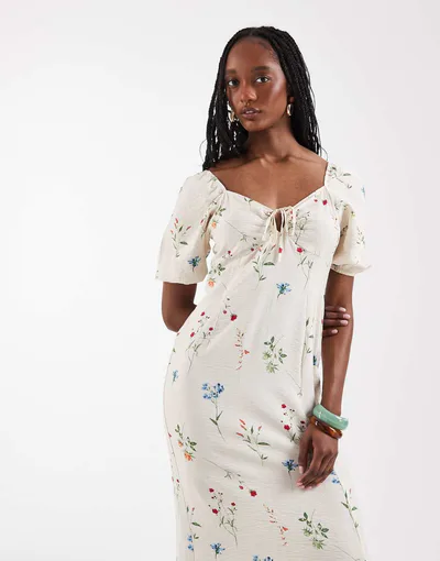 ASOS Vero Moda Tall puff sleeve tie front detail maxi dress in cream floral print