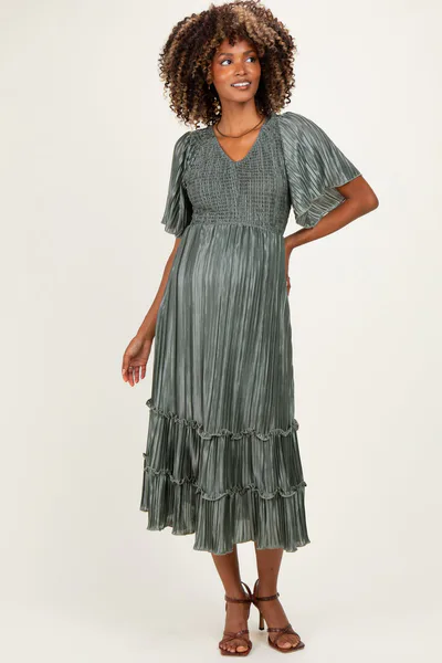 PinkBlush Olive Pleated Satin Smocked Maternity Midi Dress