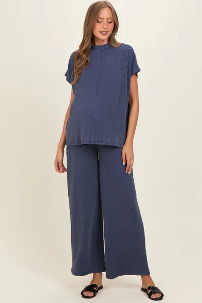PinkBlush Navy Textured Rib Mock Neck Short Sleeve Pant Maternity Set