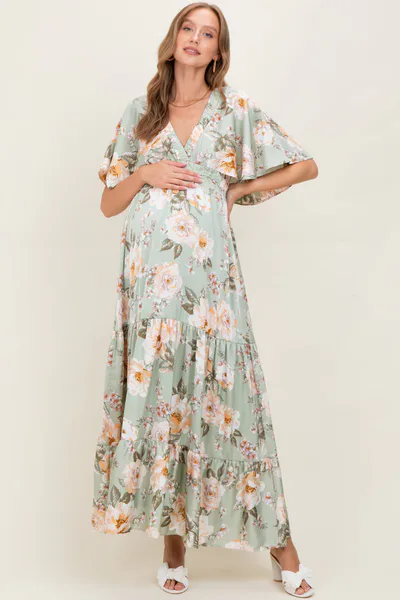 PinkBlush Sage Floral Print Elbow Sleeve V-Neck Tiered Maternity Maxi Dress