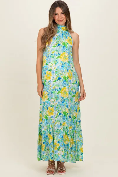 PinkBlush Blue Floral Halter Maternity Maxi Dress