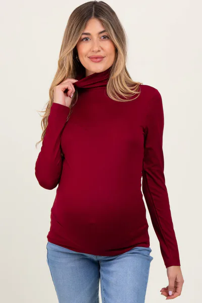 PinkBlush Burgundy Brushed Knit Basic Turtleneck Maternity Top