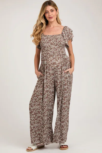 PinkBlush Mocha Floral Maternity Jumpsuit