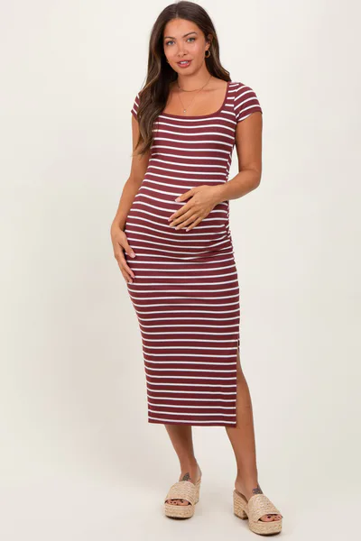 PinkBlush Burgundy Striped Short Sleeve Side Slit Maternity Maxi Dress