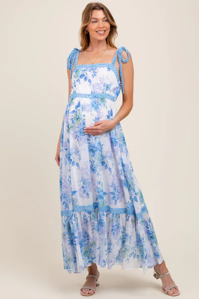 PinkBlush Blue Floral Shoulder Tie Tiered Maternity Maxi Dress