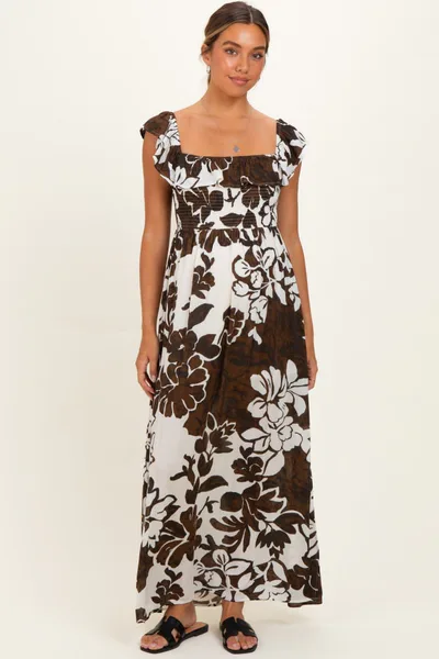 PinkBlush Brown Floral Ruffle Off Shoulder Maternity Maxi Dress