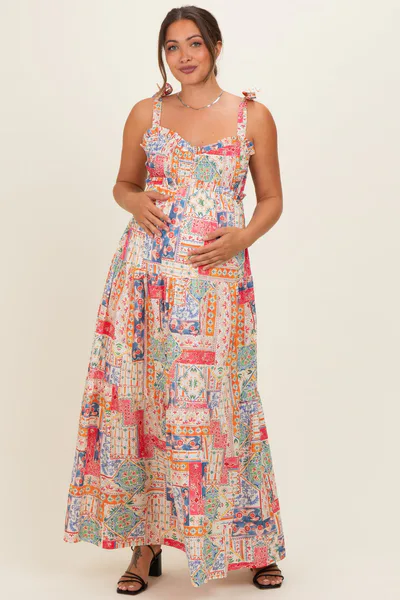 PinkBlush Multicolor Patchwork Print Ribbon Strap Maternity Maxi Dress
