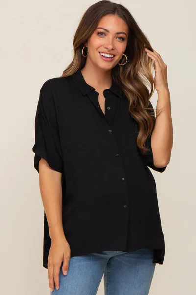 PinkBlush Black Button Up Dolman Short Sleeve Maternity Top