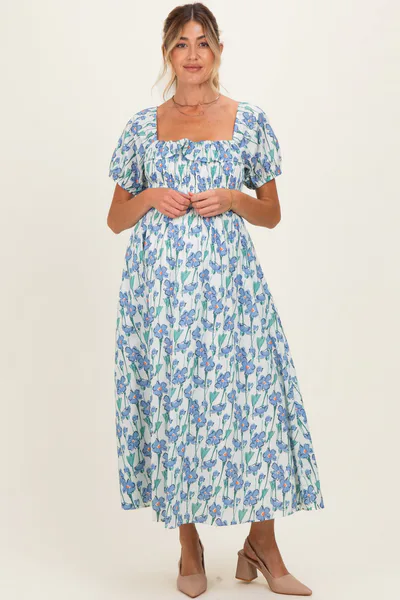 PinkBlush Blue Floral Smocked Ruffle Accent Maternity Midi Dress