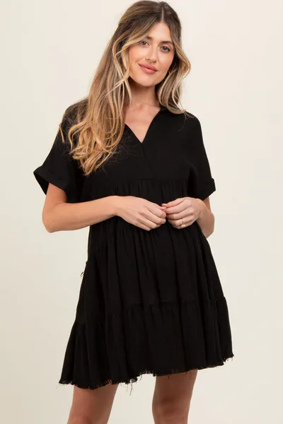 PinkBlush Black Tiered Linen Maternity Dress