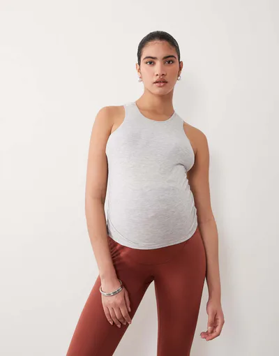 ASOS 4505 Maternity lightweight ribbed racer neck tank top with shelf bra and removable padding in heather gray