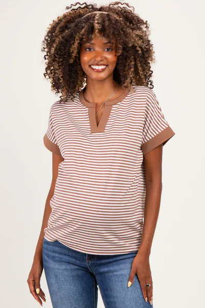 PinkBlush Mocha Striped Contrast Trim Maternity Top