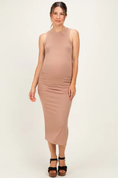 PinkBlush Warm Taupe Ruched Maternity Midi Tank Dress