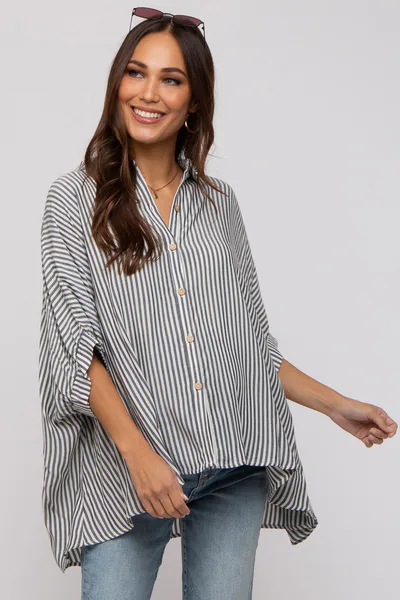 PinkBlush Charcoal Striped Button Up Dolman Maternity Top