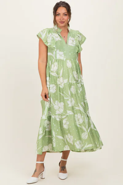 PinkBlush Sage Floral Crochet Lace Accent Maternity Midi Dress