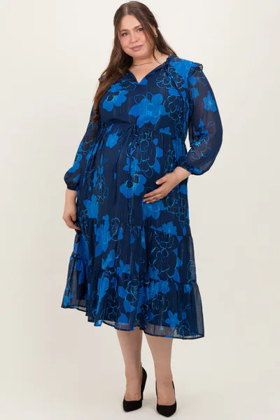 PinkBlush Navy Blue Floral Tiered Plus Maternity Midi Dress