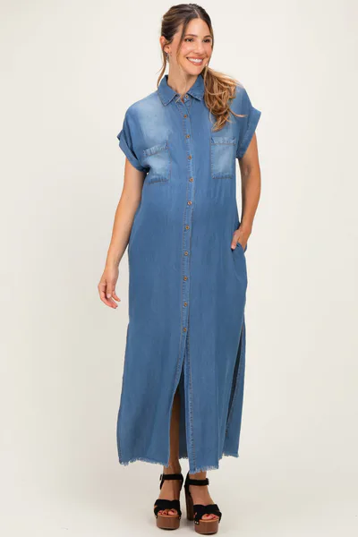 PinkBlush Medium Denim Chambray Maternity Maxi Shirt Dress