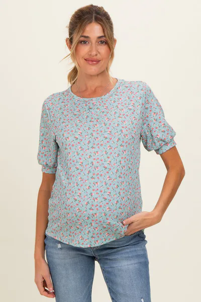PinkBlush Taupe Ribbed Ditsy Floral Puff Sleeve Maternity Top